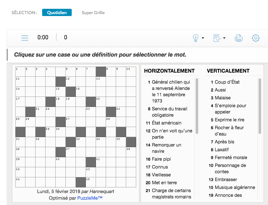 French style crossword puzzle (Mots croisés) from Acadie Nouvelle