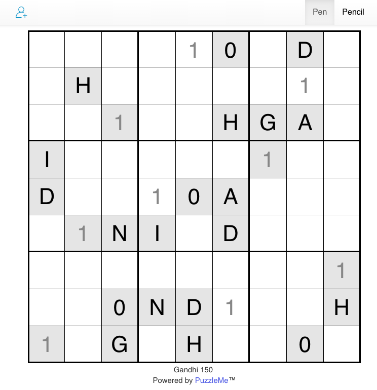 A wordoku puzzle made from the letters of the phrase GANDHI 150