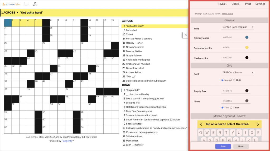 Custom look and feel A screenshot showing the custom theming options available on PuzzleMe.