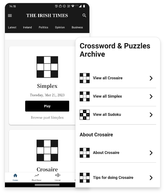 Easy integration (1x) PuzzleMe crosswords on The Irish Times. Screenshot showing easy integration and embedding of crossword puzzles possible with PuzzleMe.