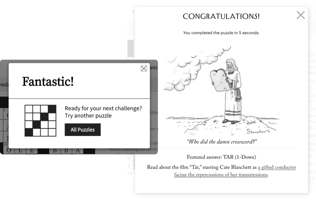Custom messaging with PuzzleMe The image showcases how two publishers have enabled custom messaging for their crossword puzzles with PuzzleMe.