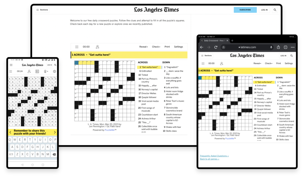 Mobile-friendly user interface (1x) in a crossword Creative displaying the flexible user interface of PuzzleMe with the same crossword easily adaptable, visible and playable on a mobile, desktop and tablet.