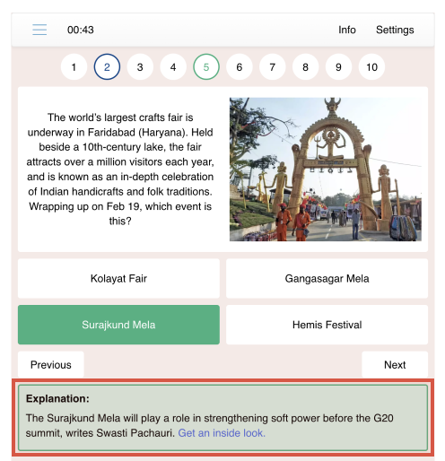 Explanation and Context A custom-made creative to showcase the "explanation" feature available on a PuzzleMe Quiz as seen on The Indian Express.