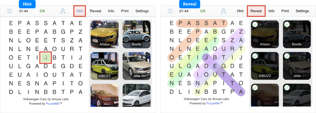 PuzzleMe-WordSearch-AssistFeatures Screenshots showing the various assist features such as "Hint" and "Reveal" available to solvers when working on a Word Search game by PuzzleMe.