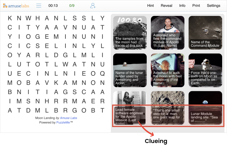 PuzzleMe-WordSearch-Clueing Word Search game displaying the use of clues instead of direct words when created on PuzzleMe.