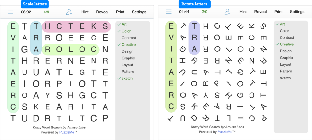 PuzzleMe-WordSearch-KrazyWordSearch2x PuzzleMe's special Krazy Word Search game on display that enables scaling and rotating letters. The image shows both these individual grids in action.