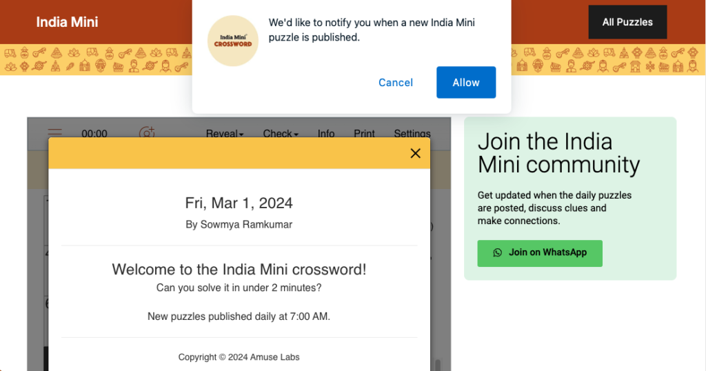 Notification popup on crossword puzzle blog